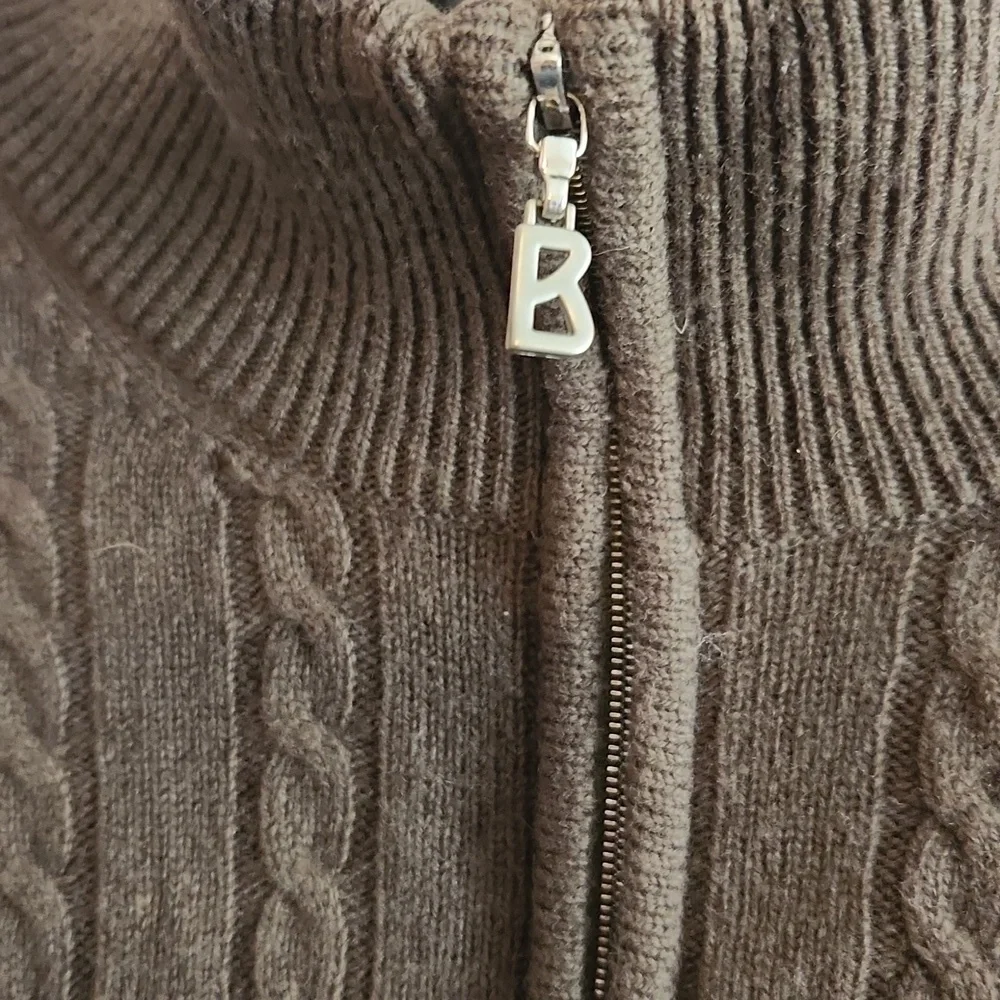 Bogner Virgin Cable Knit Wool Olive Green 1/4 Zip-Up Sweater Sz M/L